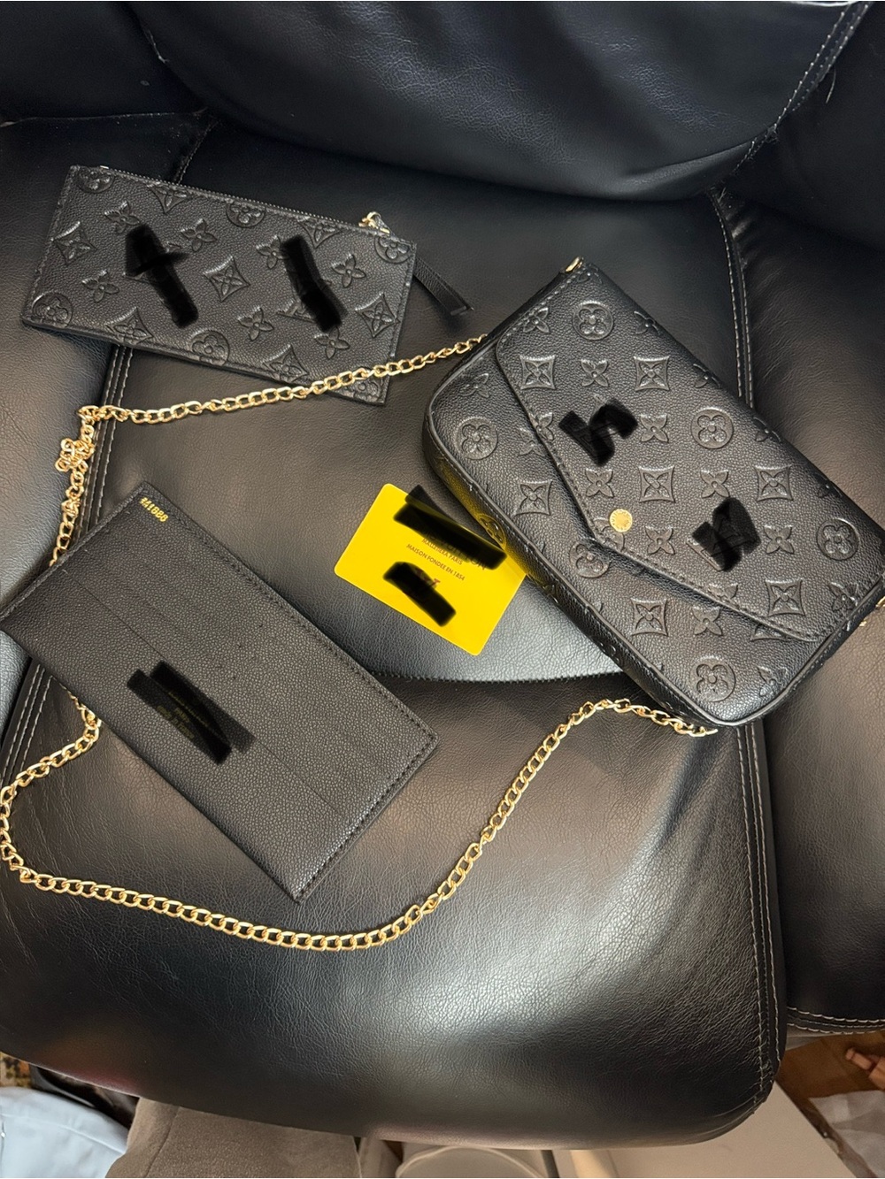 Black Embossed Monogram Chain Crossbody Wallet with Gold Chain